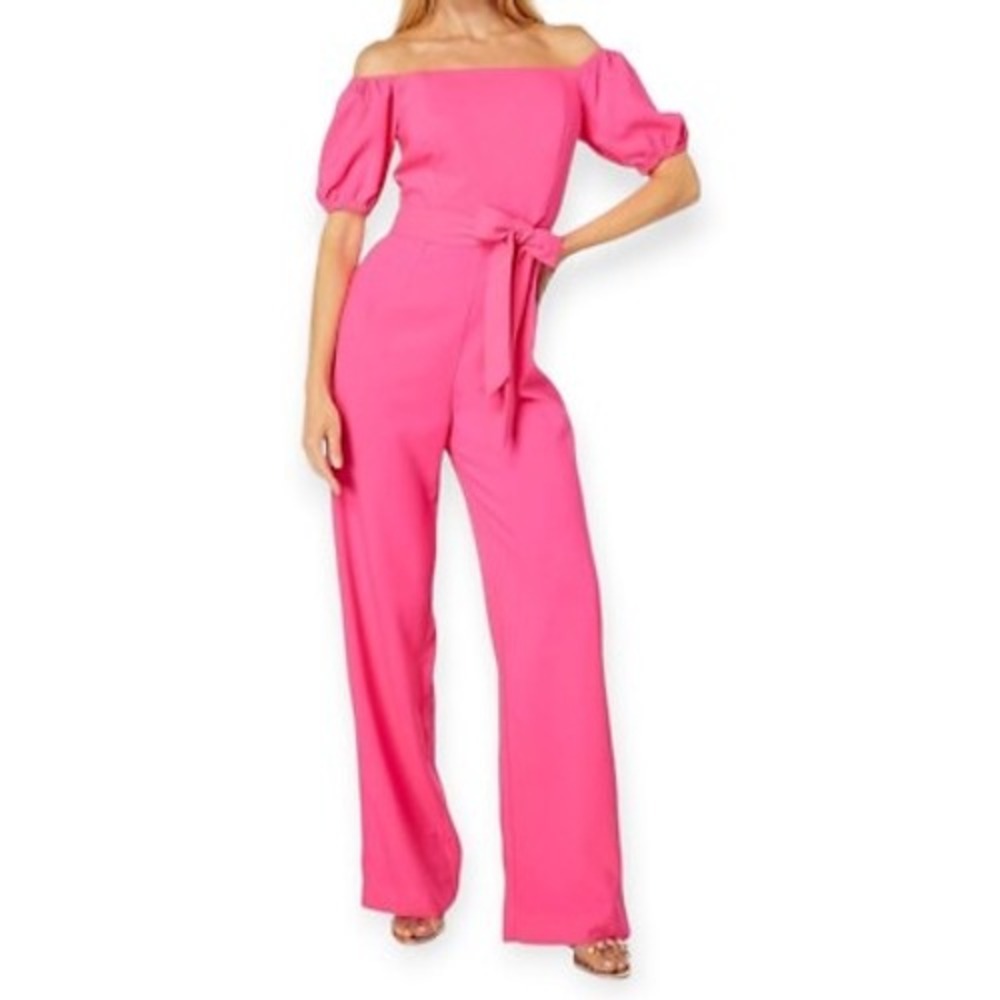 Lilly Pulitzer Jada Jumpsuit 14 Pink Isle Off the Shoulder Wide Leg Belted 14 - Picture 13 of 13